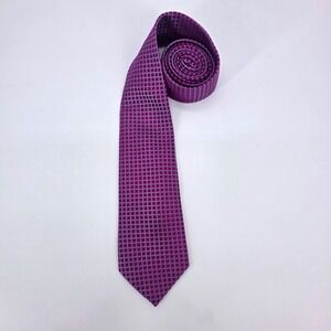 BCBG Attitude Mens Silk Necktie Magenta Purple Geometric Grid Woven Handmade Tie